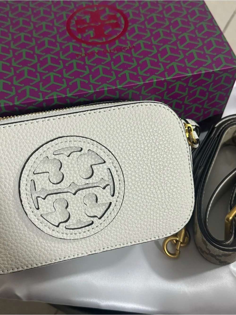 Tory Burch White Pebbled Leather Logo Crossbody